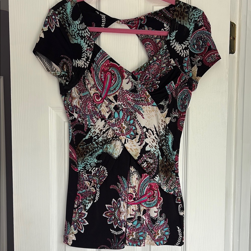 Blue and Red Cap Sleeve Cut Out Blouse